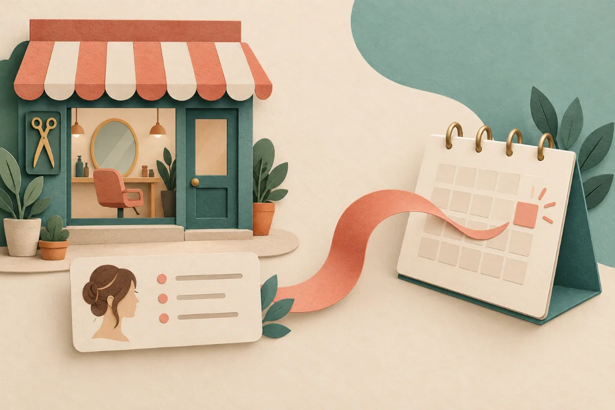 Paper-cut illustration of a salon and service card connected by a ribbon to a separate appointment calendar