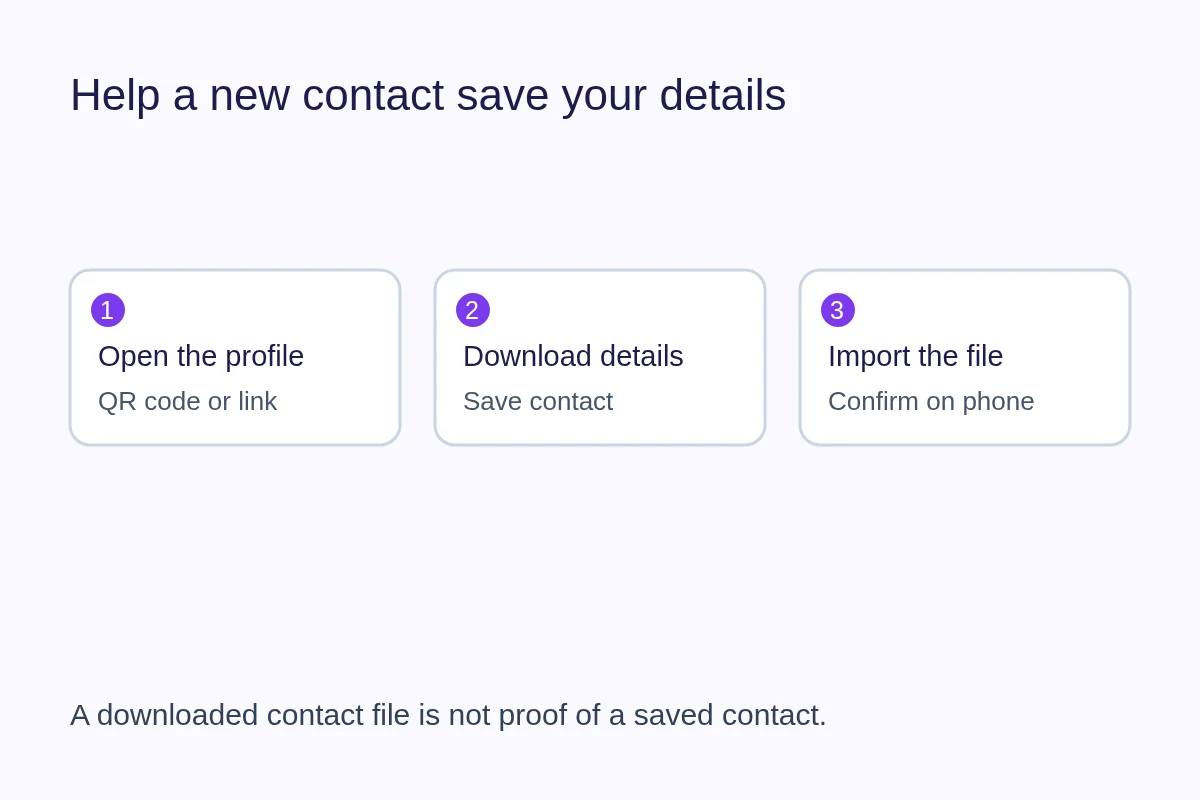 Open a profile, download contact details and confirm importing the file on the phone