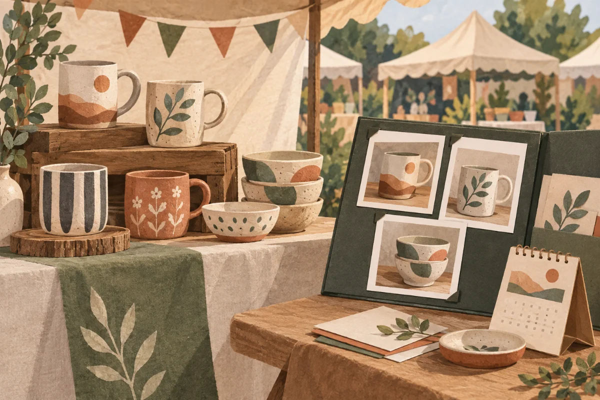 Illustration of ceramic mugs and bowls at a craft stall beside a portfolio of matching work and a small calendar