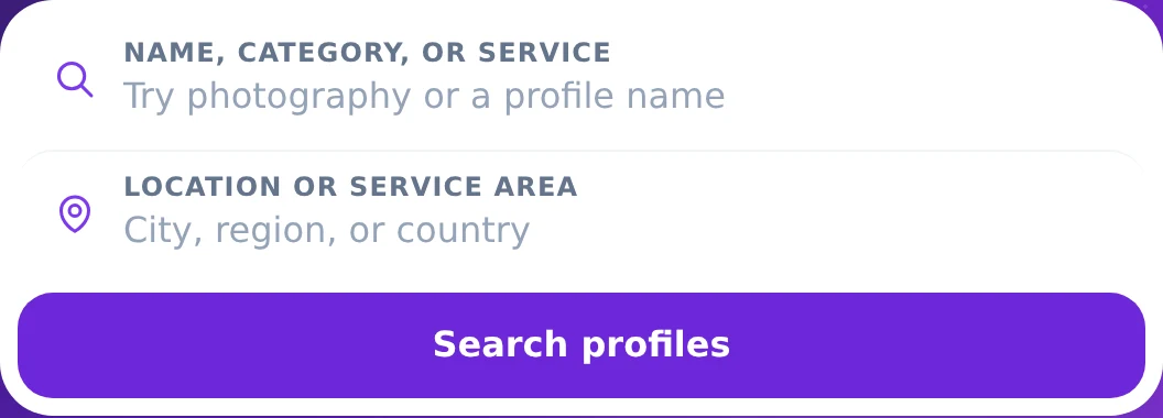 QRown Discovery search with name, category or service and location or service area fields