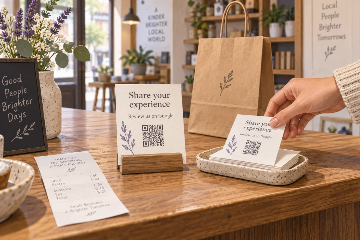 A customer takes a card inviting a Google review from a shop counter beside a matching QR sign