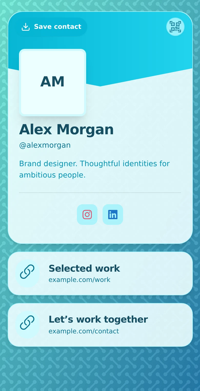 QRown profile preview for a fictional designer with identity, Save contact and two work links