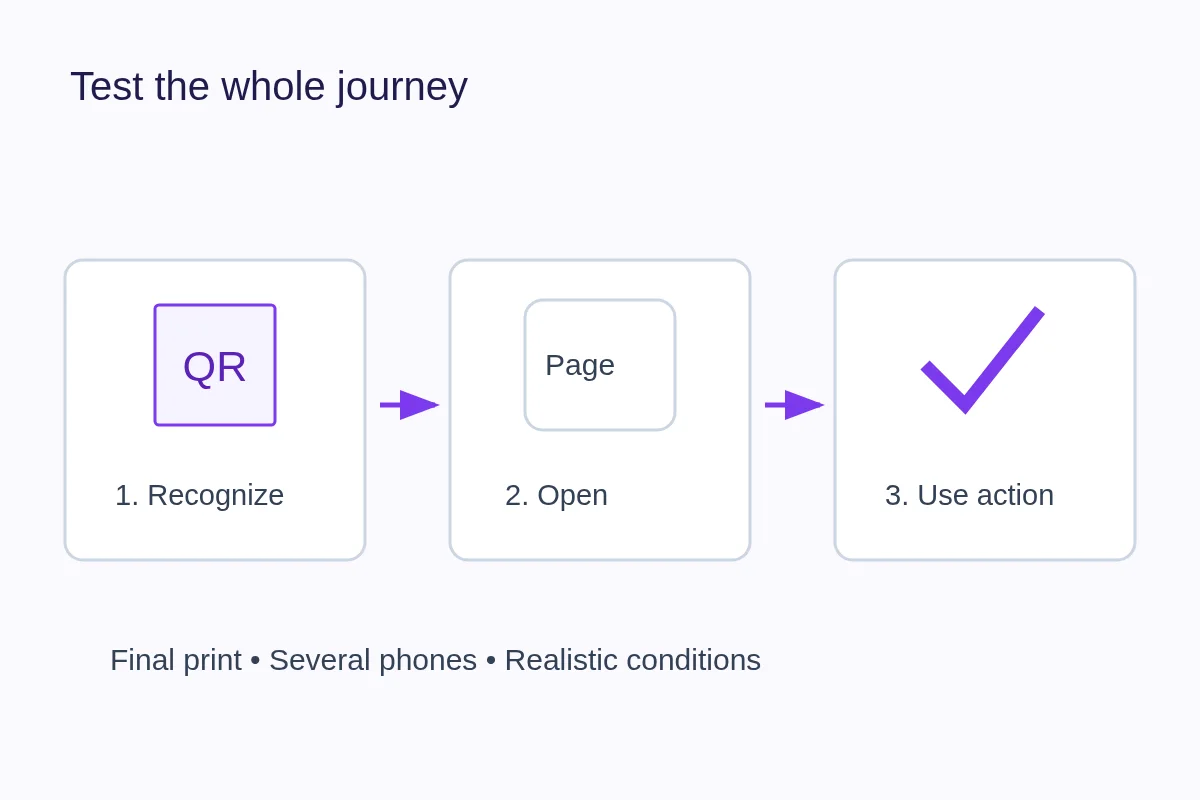 Three checkpoints connected in order: recognize the code, open the page, test the action