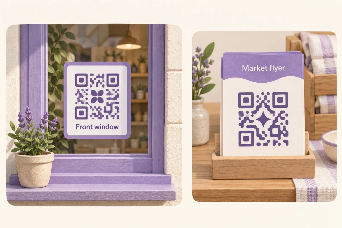 Illustration of separate QR codes labeled Front window and Market flyer on a storefront sign and printed flyers