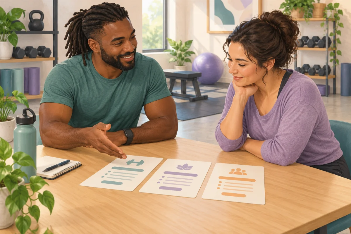Illustration of a trainer and a client discussing three service cards at a table in a fitness studio