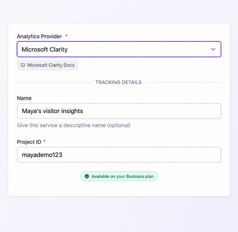 Microsoft Clarity connection using fictional Project ID mayademo123.