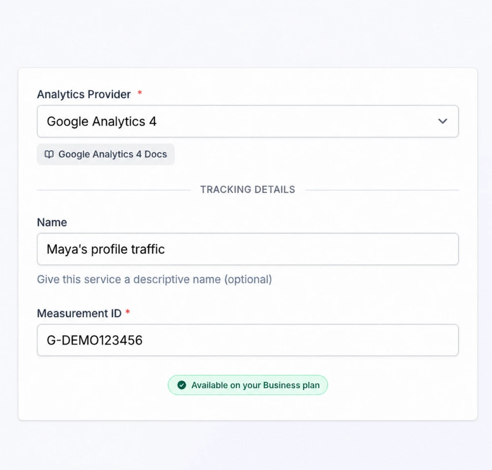 Google Analytics 4 connection using fictional Measurement ID G-DEMO123456.