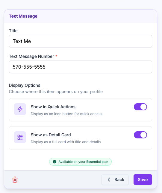Text Message editor with Quick Actions and Detail Card enabled.