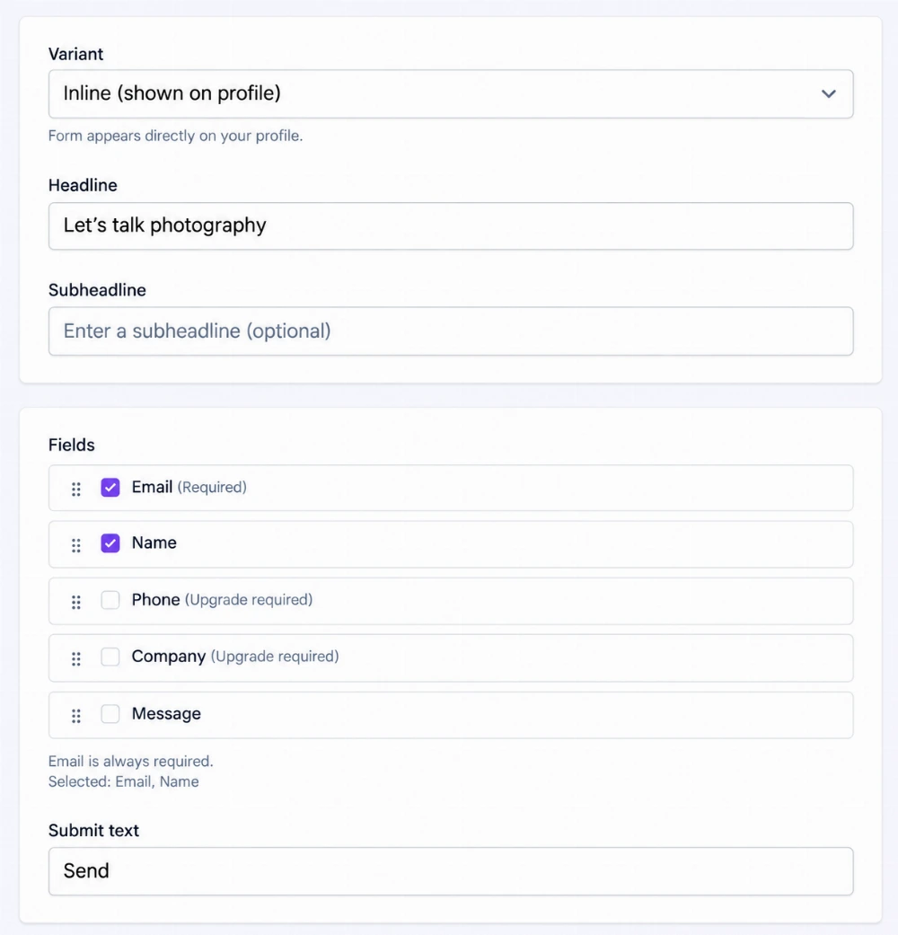 Form editor showing layout, heading, reorderable supported fields, and submit text using demo content.