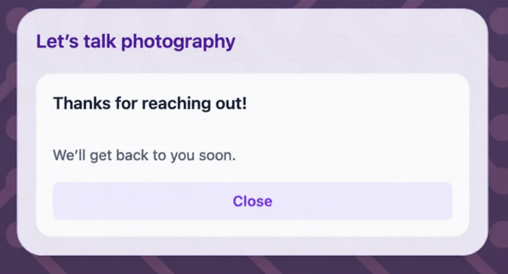 Demo photography form confirmation with a personalized thank-you message.