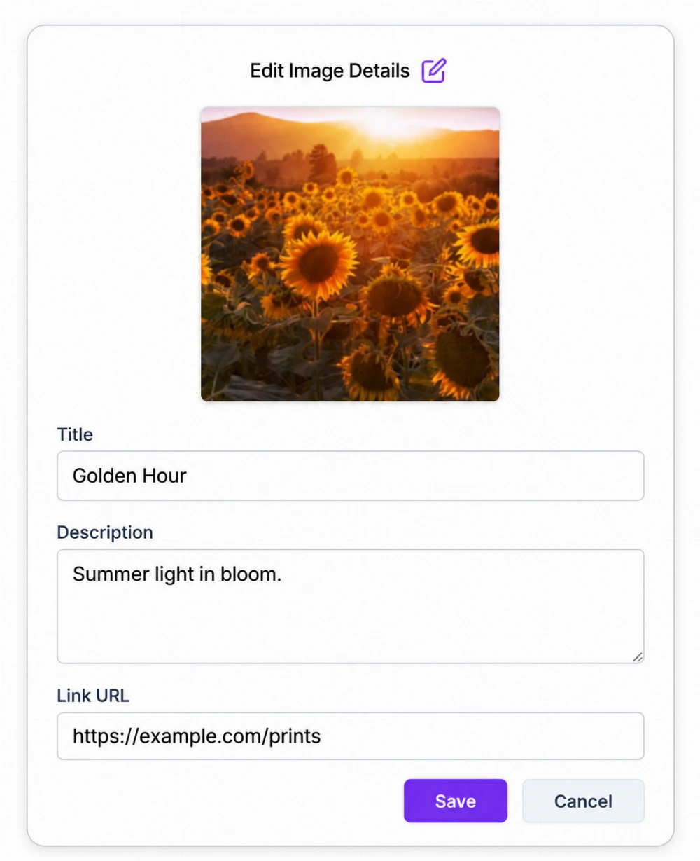 Sunflower image settings with title Golden Hour, a short description, and an example print link.