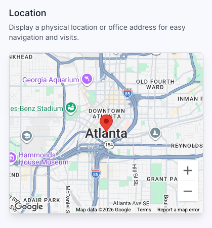 Location preview with a map centered on Atlanta and an example pin.