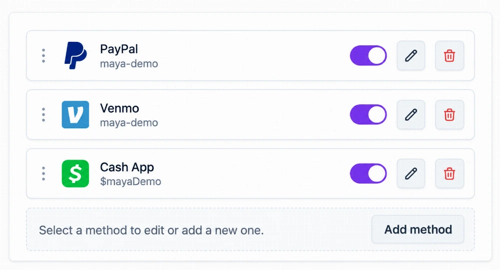 Payment Methods editor with fictional PayPal, Venmo, and Cash App account details.