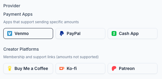 Payment provider choices including Venmo, PayPal, Cash App, Buy Me a Coffee, Ko-fi, and Patreon.