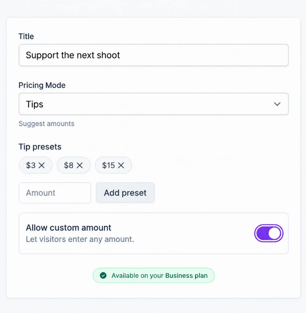 Support the next shoot payment settings with example tips of 3, 8, and 15 dollars and custom amounts enabled.