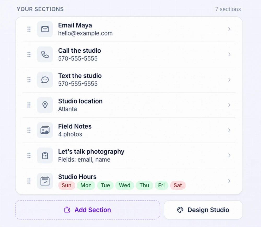 QRown’s sections list with contact links, location, a gallery, an enquiry form, and opening hours.