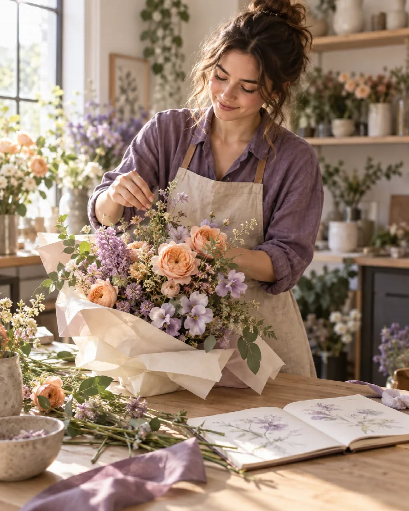 A floral designer arranging apricot and lavender flowers at her studio workbench.