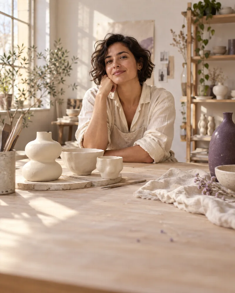A ceramic artist in a sunlit studio, with handmade vessels on her workbench.