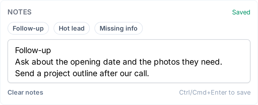 Private demo note to ask about the café opening date and photo needs, then send a project outline after the call.