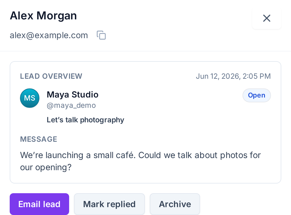 Alex’s fictional café photography enquiry, attributed to Maya Studio’s form, with Email lead, Mark replied, and Archive actions.