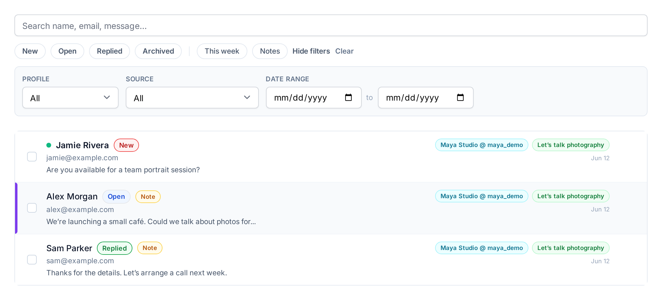Leads Inbox with fictional enquiries from Jamie, Alex, and Sam, showing New, Open, and Replied statuses, search, and filters.