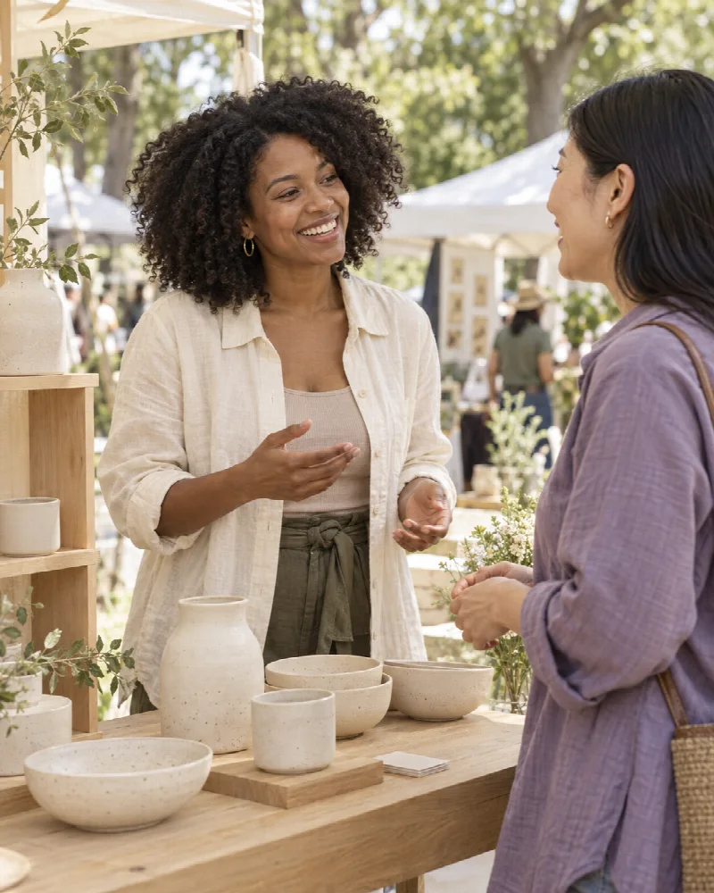 A maker and a visitor connecting at a sunlit outdoor market.