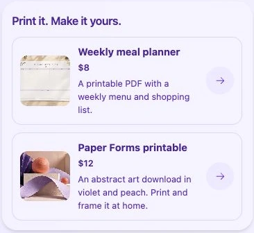 QRown Modern cards layout showing a weekly meal planner and printable art, each with a thumbnail, price, description, and round action button.