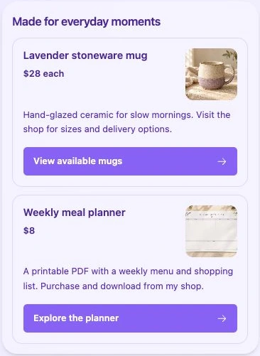 QRown Classic layout showing a stoneware mug and printable meal planner with thumbnails, descriptions, prices, and shop buttons.