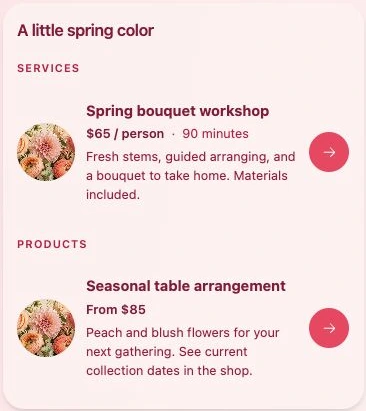 QRown Minimal list layout showing a spring bouquet workshop and seasonal table arrangement with round images, prices, descriptions, and action buttons.