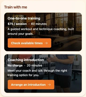 Actual QRown offers block using Image cards: personal training and a coaching introduction, each with a photo, price, duration, and action button.
