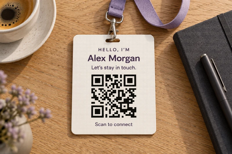 An illustrative Alex Morgan event badge with a QR code inviting people to stay in touch.