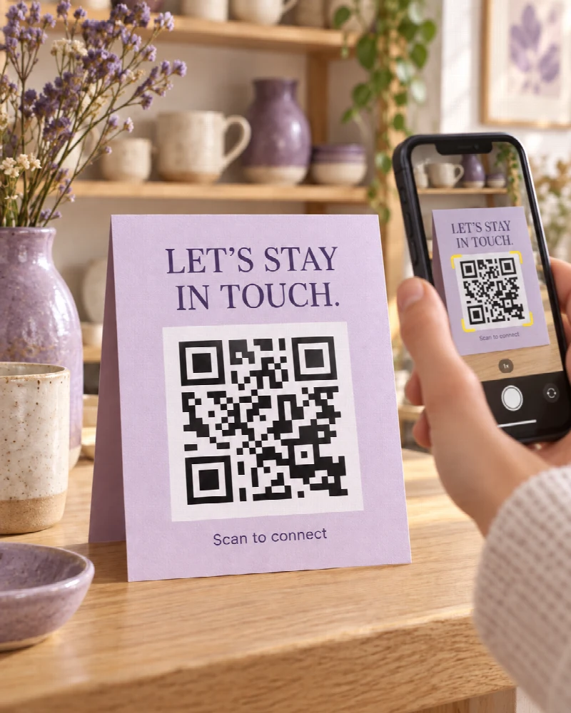 A visitor points a phone at a lavender Scan to connect QR sign on a ceramics shop counter.