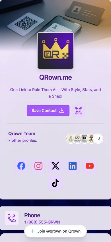 Actual QRown demo profile with its Save Contact button below the name and introduction.