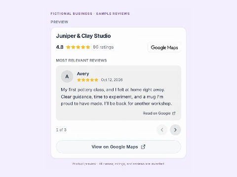 Reviews preview for a fictional pottery studio, using sample reviews.