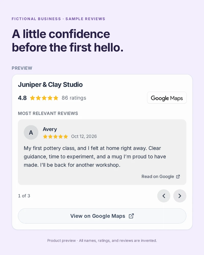 QRown Reviews preview for Juniper & Clay Studio, a fictional business with a sample 4.8 rating and a sample review from Avery.