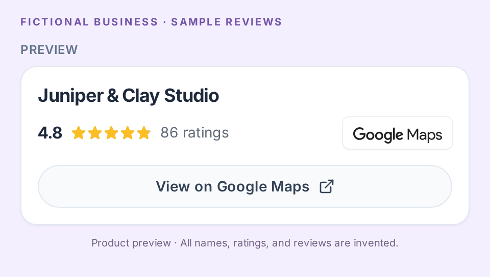 Rating-only preview for fictional Juniper & Clay Studio, showing a sample 4.8 rating from 86 ratings and a View on Google Maps link.