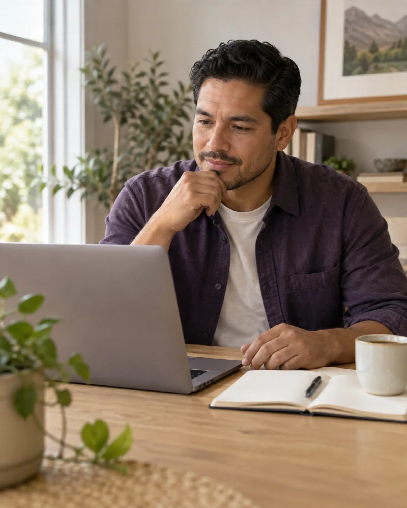 A business owner taking a thoughtful moment at his laptop, with a notebook and coffee beside him.