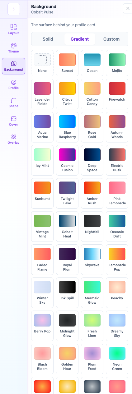 Ready-made gradient backgrounds: Sunset, Ocean, Mojito, Lavender Fields, Citrus Twist, and more.