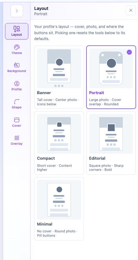 The real Layout picker showing Banner and Portrait starting points.