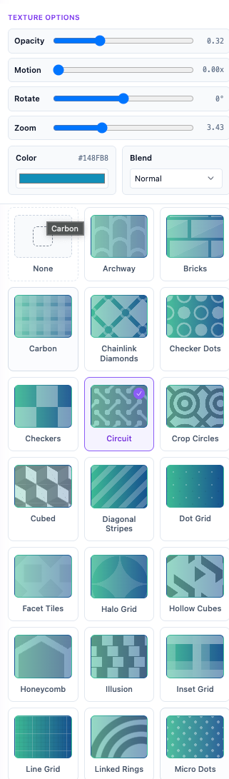 Texture controls for opacity, motion, rotation, zoom, color, and blend mode.