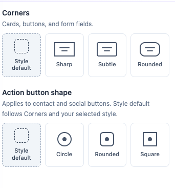 Style default, Circle, Rounded, and Square options for contact and social action buttons.