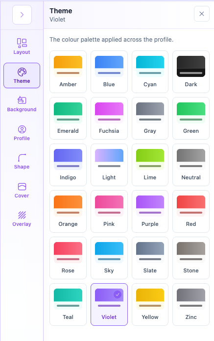 Coordinated QRown color themes including Amber, Blue, Cyan, Dark, Emerald, and Violet.
