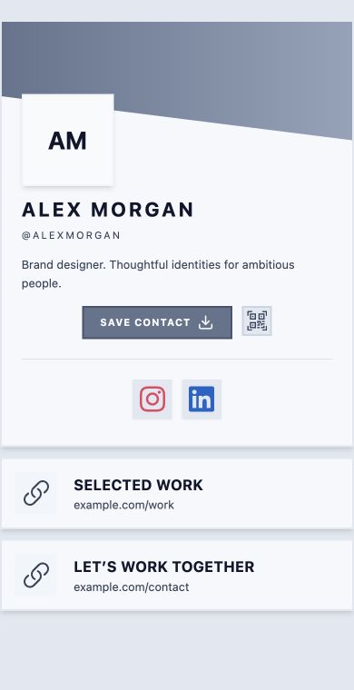 Confident & considered: the fictional Alex Morgan profile using the Editorial layout · Slate theme · Left alignment.