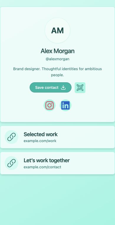 Calm & focused: the fictional Alex Morgan profile using the Minimal layout · Teal theme.