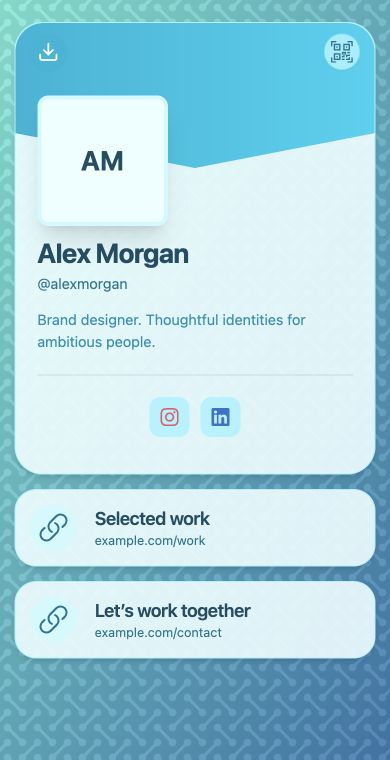 Example QRown designer profile with a recognizable name, short introduction, selected-work link and consultation link