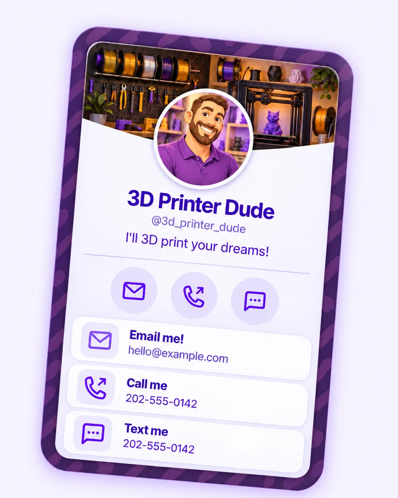 Illustrated 3D Printer Dude profile with a purple theme, a workshop cover, and email, call, and text contact blocks.