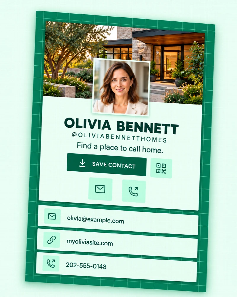 Example QRown real-estate profile with contact actions and a website link