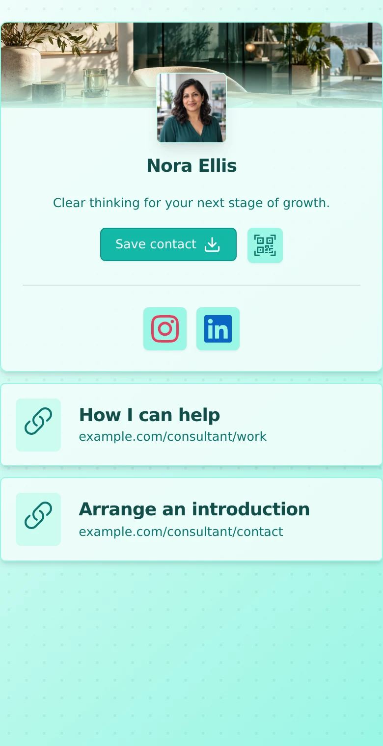 Nora Ellis’s teal consulting profile with services and introductory call links.