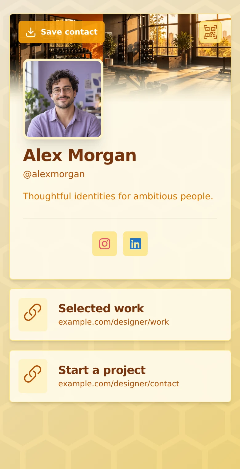 Alex Morgan’s profile: Amber · Portrait. The same introduction, Selected work, and Start a project links in every design.