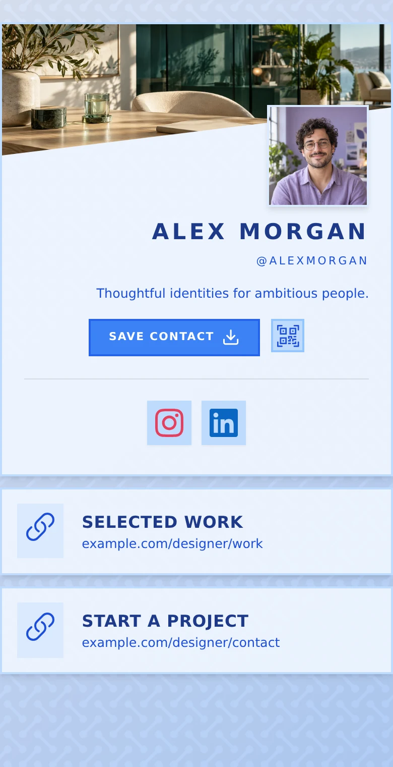 Alex Morgan’s profile: Blue · Editorial. The same introduction, Selected work, and Start a project links in every design.